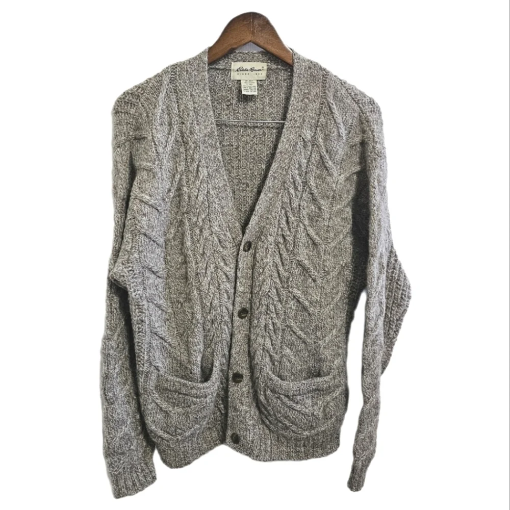 Eddie Bauer cable knit Wool Grey button cardigan size large - Picture 1 of 12